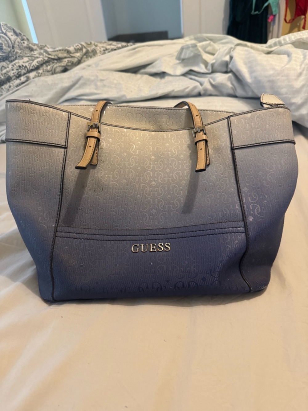 GUESS Blue Ombre Tote with Tan Handles